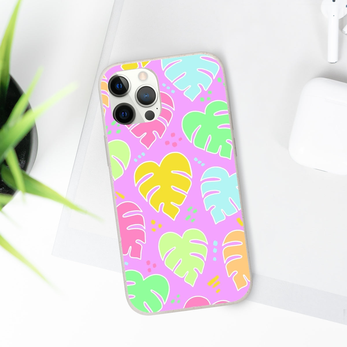 Monstera Confetti Biodegradable Phone Case - Pink