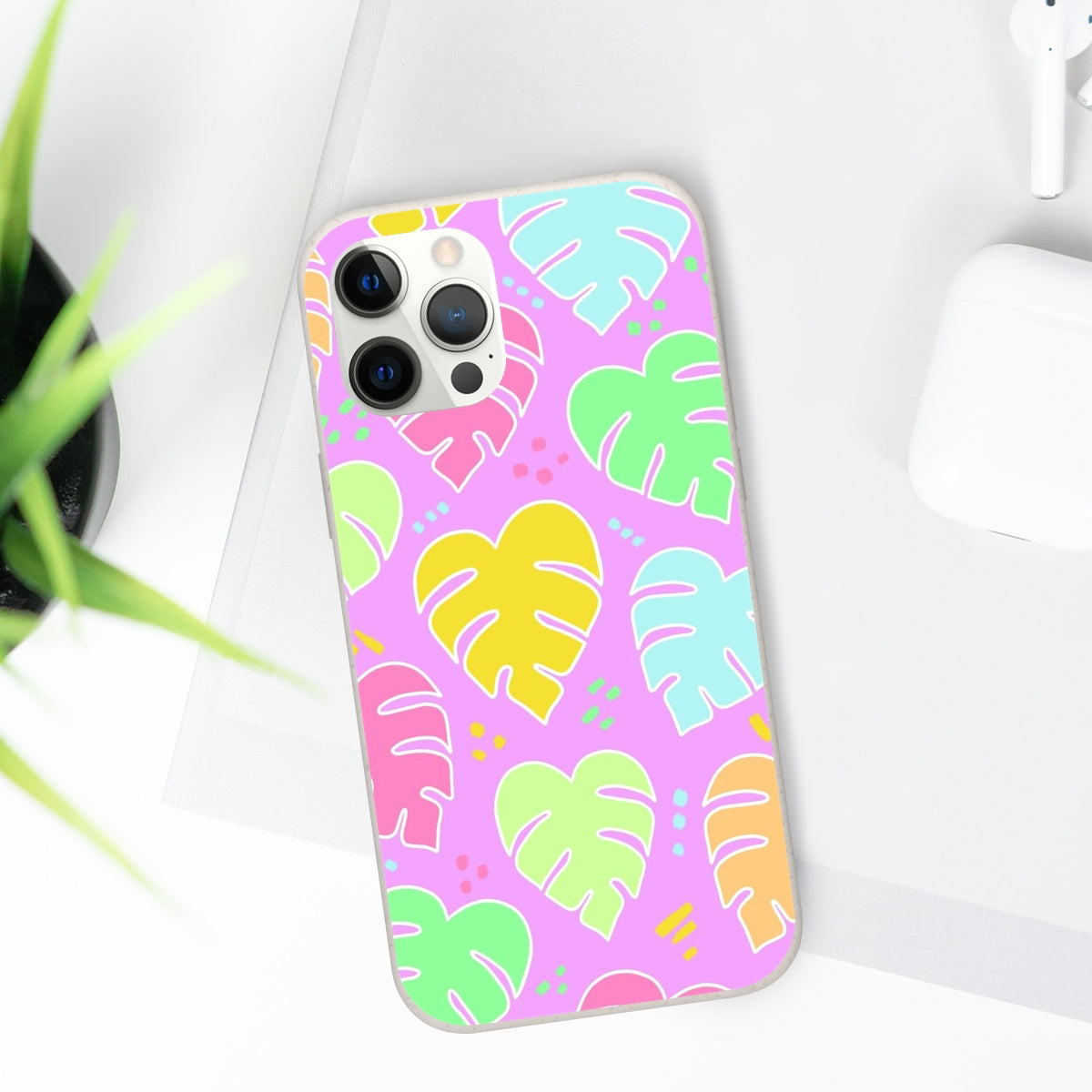 Monstera Confetti Biodegradable Phone Case - Pink